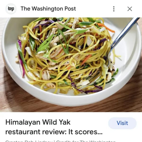 A white bowl of Nepalese noodles with chicken, purple cabbage, and green onions, with a fork.