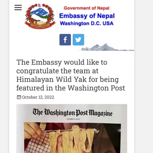 A webpage showing a congratulatory message from the Embassy of Nepal to Himalayan Wild Yak.