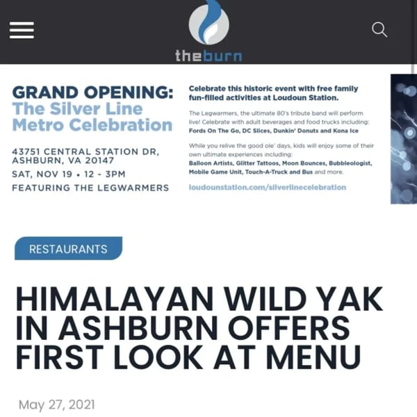 A webpage screenshot showing a "Grand Opening: The Silver Line Metro Celebration" announcement and a "Himalayan Wild Yak" restaurant news headline.