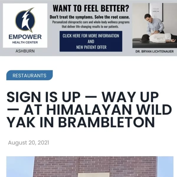 A website screenshot showing an advertisement for Empower Health Center and a headline about Himalayan Wild Yak.