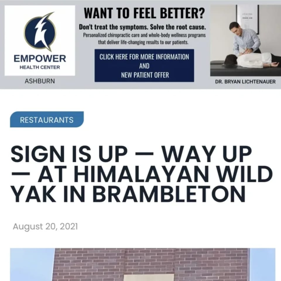 A website screenshot showing an advertisement for Empower Health Center and a headline about Himalayan Wild Yak.